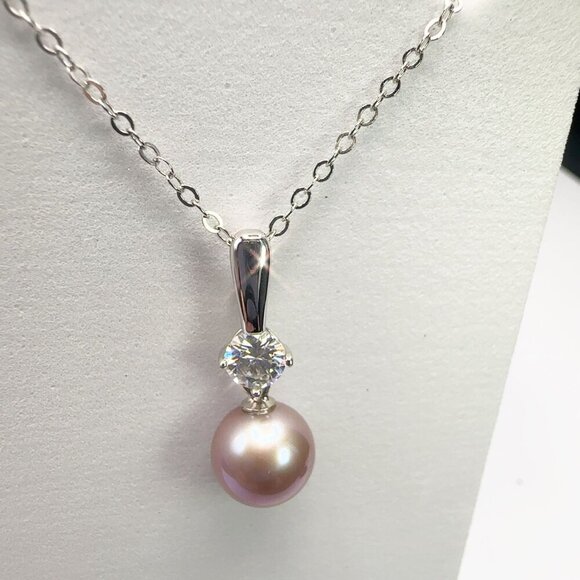 Pink Pearl & Moissanite Necklace 925 Sterling Silver Elegant Jewelry - Picture 13 of 16